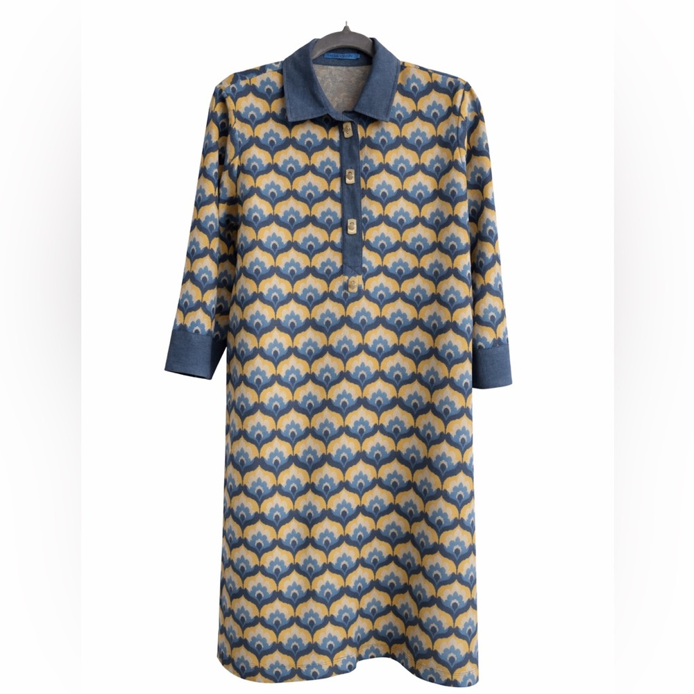JMcLaughlin Blue and yellow Midi Dress with gold buttons! Barely worn